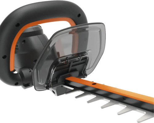 Detailný záber nožníc na živý plot s ochranou rúk