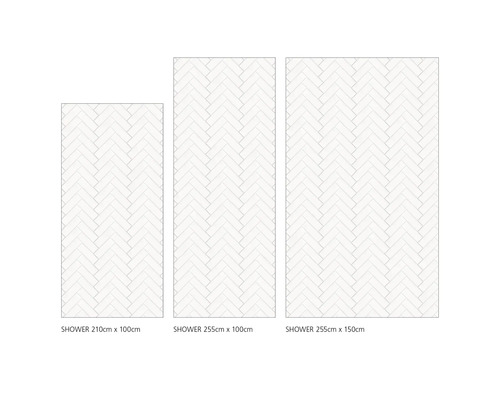 Tri sprchové panely rôznych veľkostí s rybím vzorom.