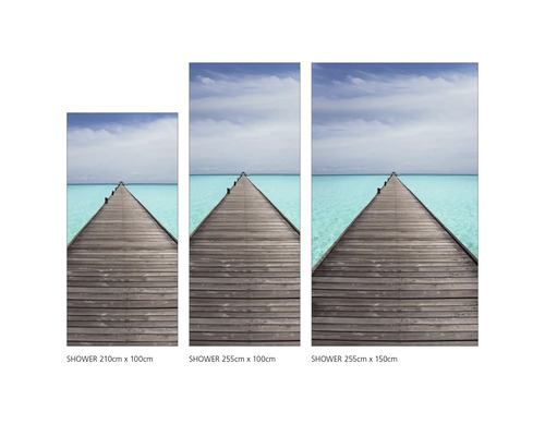 Tri sprchové panely s motívom dreveného móla nad morom v rôznych veľkostiach.