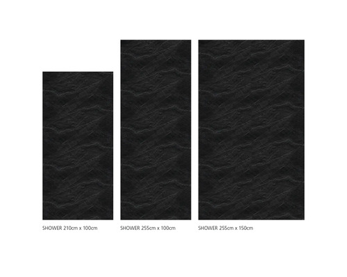 Tri sprchové panely rôznych veľkostí s tmavým kamenným vzhľadom.