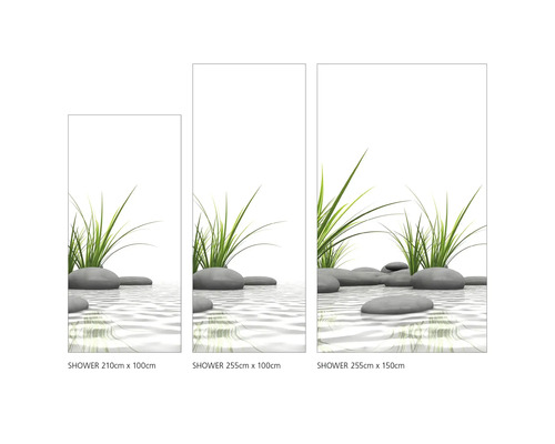 Tri sprchové panely s trávou a kameňmi v rôznych veľkostiach.