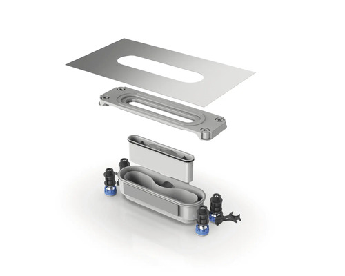 Rozložený pohľad na obdĺžnikový odtok s tesneniami, skrutkami a kovovou vložkou