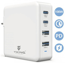 Biela 100W USB nabíjačka s dvoma USB-C a dvoma USB-A portami od Viking Technology