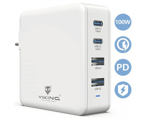 Biela 100W USB nabíjačka s dvoma USB-C a dvoma USB-A portami od Viking Technology