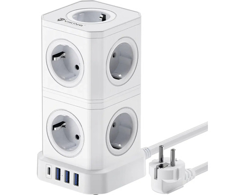 Biela zásuvková lišta v tvare veže s USB portami a zástrčkou