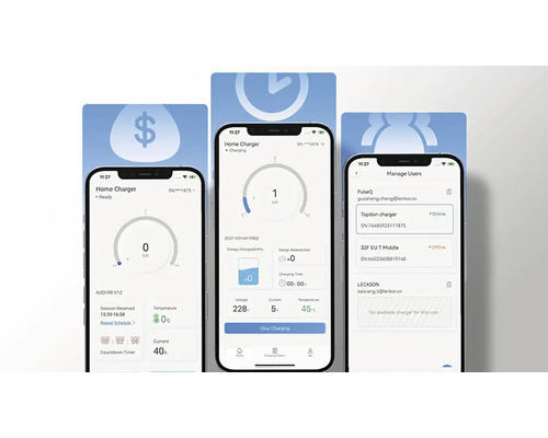 Tri snímky obrazovky smartfónu aplikácie na ovládanie nabíjacej stanice pre elektrické vozidlá