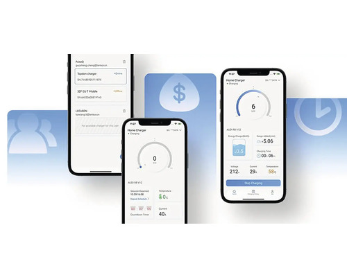 Niekoľko smartfónov zobrazuje aplikáciu pre domáce nabíjačky.