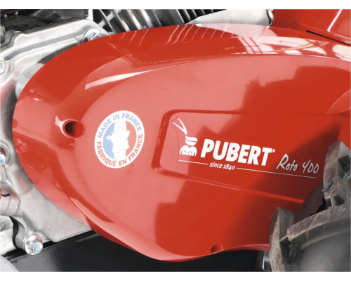 Detailný pohľad na kryt motora s logom Pubert a pečaťou pôvodu