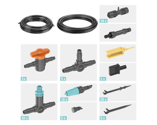 Zavlažovacia súprava s hadicami, spojkami a regulátormi pre záhradné zavlažovanie