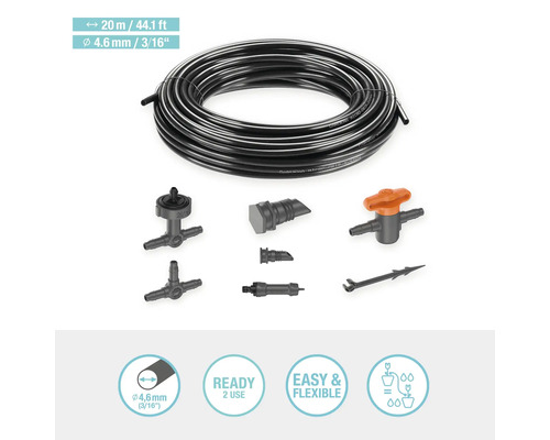 Gardena Micro-Drip-System s 20 metrovou hadicou a rôznymi konektormi na zavlažovanie