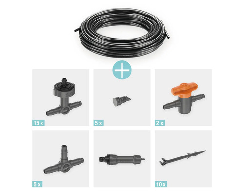 Štartovacia súprava Gardena Micro-Drip-System pre kvetináče M s kvapkovou trubicou, regulačnými uzávermi, redukciami, uzatváracími ventilmi, T-kusmi, spojkami a držiakmi rúrok