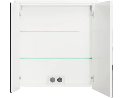 Otvorená zrkadlová skrinka s dvomi sklenenými policami a zásuvkou