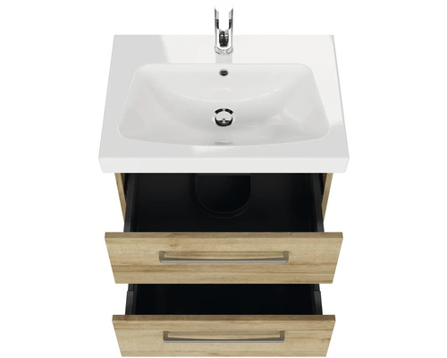 Skrinka pod umývadlo s dvomi otvorenými zásuvkami a umývadlom na dosku