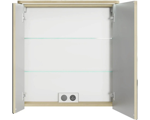 Otvorená zrkadlová skrinka so sklenenými policami a zásuvkou