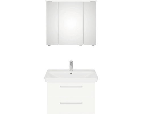 Biele umývadlo so skrinkou a zrkadlovou skrinkou do kúpeľne