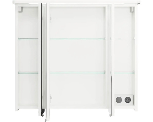 Otvorená zrkadlová skrinka so zásuvkami a sklenenými policami