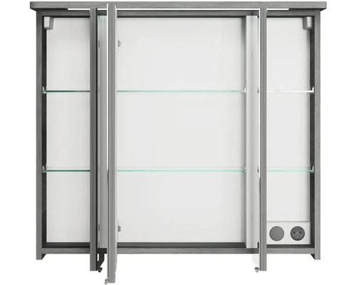 Otvorená zrkadlová skrinka so sklenenými policami a zásuvkami