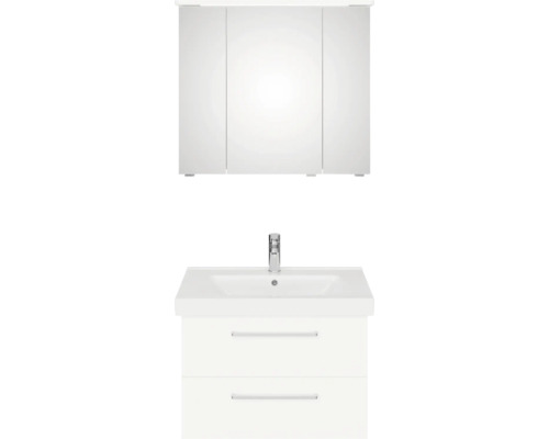 Biela skrinka pod umývadlo s dvomi zásuvkami, umývadlom a zrkadlovou skrinkou s tromi dvierkami do kúpeľne