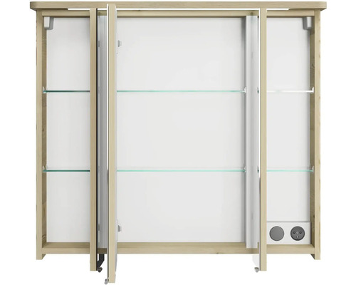 Zrkadlová skrinka s tromi dvierkami, sklenenými policami, zásuvkou a vypínačom svetla do kúpeľne