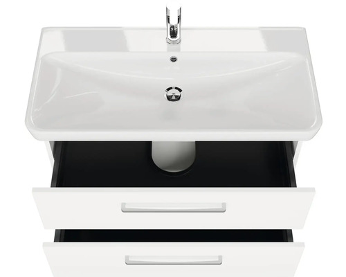 Skrinka pod umývadlo s dvoma otvorenými zásuvkami a keramickým umývadlom