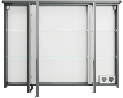 Otvorená trojdielna kúpeľňová skrinka so sklenenými policami a zásuvkami