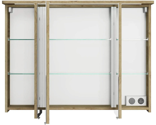 Otvorená obývacia stena so sklenenými policami a zásuvkami