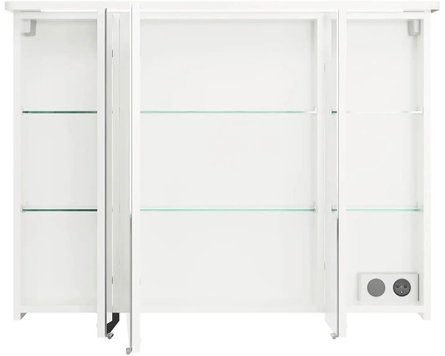 Otvorená biela zrkadlová skrinka so sklenenými policami a zásuvkou