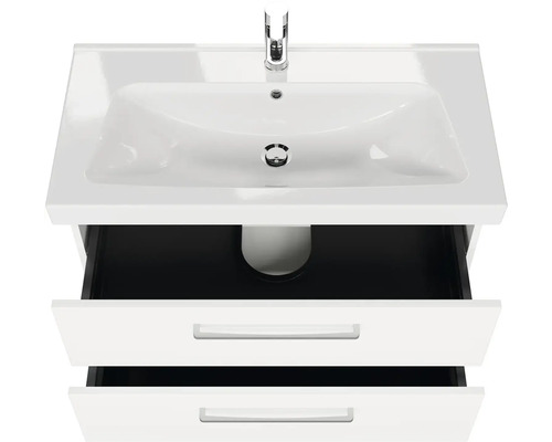 Skrinka pod umývadlo s dvoma zásuvkami a zapusteným umývadlom a vodovodnou batériou