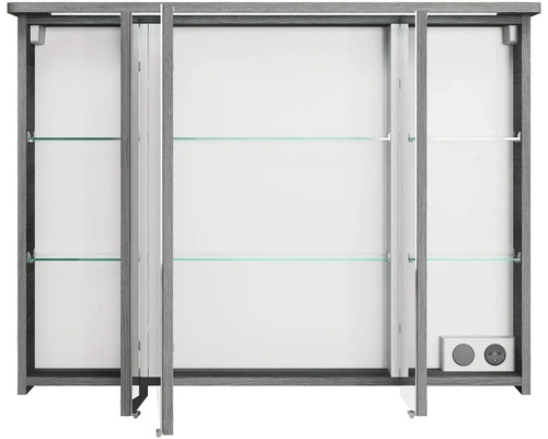 Otvorená kúpeľňová skrinka so sklenenými policami a zásuvkou