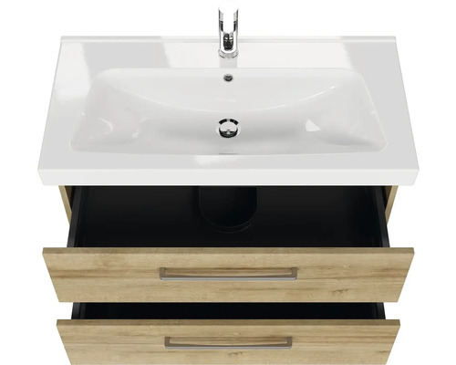 Skrinka pod umývadlo s dvoma zásuvkami, keramické umývadlo a vodovodná batéria