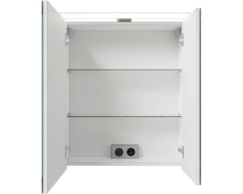 Otvorená zrkadlová skrinka s dvoma sklenenými policami a zásuvkou