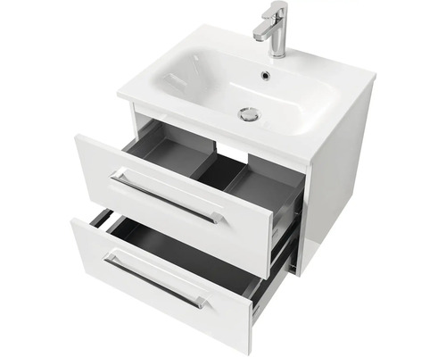 Skrinka pod umývadlo s dvomi otvorenými zásuvkami a umývadlom na dosku