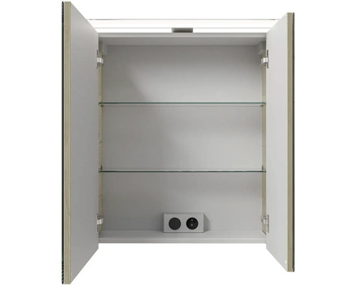 Otvorená zrkadlová skrinka s dvomi policami a zásuvkou