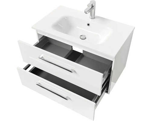 Biela skrinka pod umývadlo s dvomi otvorenými zásuvkami, umývadlom a batériou.