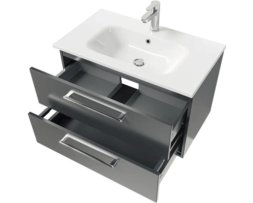 Skrinka pod umývadlo s dvomi otvorenými zásuvkami, umývadlo na dosku a batéria