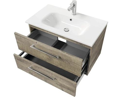 Skrinka pod umývadlo s dvoma otvorenými zásuvkami, umývadlom a batériou