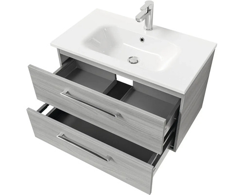 Skrinka pod umývadlo s dvomi otvorenými zásuvkami, umývadlom a batériou