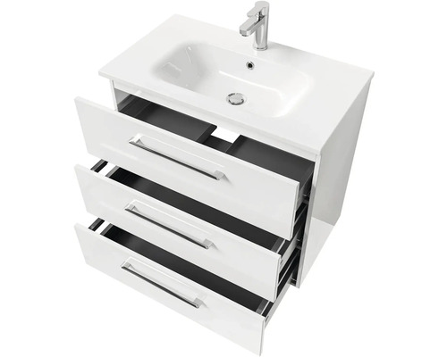 Skrinka pod umývadlo s tromi otvorenými zásuvkami, umývadlom na dosku a vodovodnou batériou