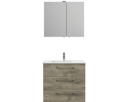 Skrinka pod umývadlo s tromi zásuvkami a zrkadlová skrinka s osvetlením