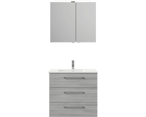 Skrinka pod umývadlo s tromi zásuvkami, umývadlová doska, armatúra a zrkadlová skrinka s osvetlením