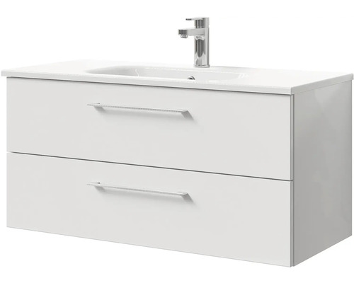 Biela skrinka pod umývadlo s dvomi zásuvkami a umývadlom na dosku