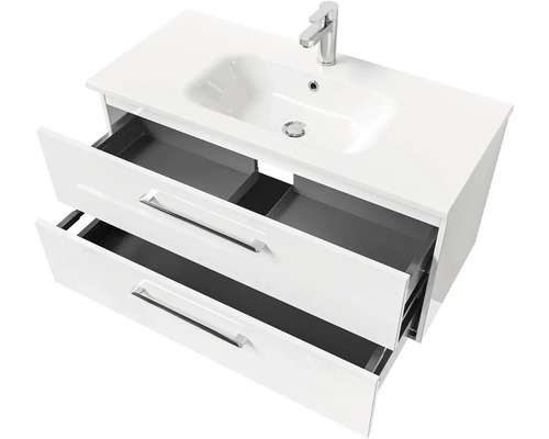 Skrinka pod umývadlo s umývadlom a dvoma otvorenými zásuvkami