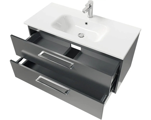 Skrinka pod umývadlo s dvomi otvorenými zásuvkami a umývadlom