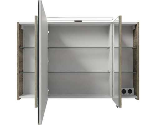 Otvorená zrkadlová skrinka so sklenenými policami a zásuvkami