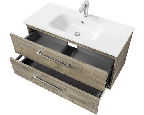 Skrinka pod umývadlo s dvoma otvorenými zásuvkami, umývadlom a batériou