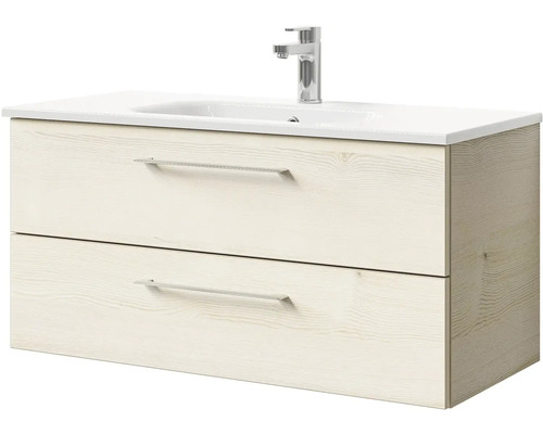 Skrinka pod umývadlo s dvomi zásuvkami, batériou a bielym umývadlom