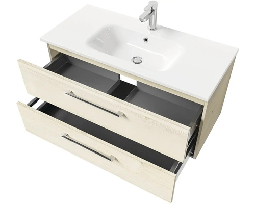 Skrinka pod umývadlo s dvomi otvorenými zásuvkami, keramické umývadlo a batéria