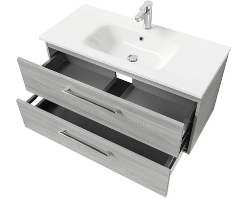 Skrinka pod umývadlo s umývadlom a dvomi otvorenými zásuvkami