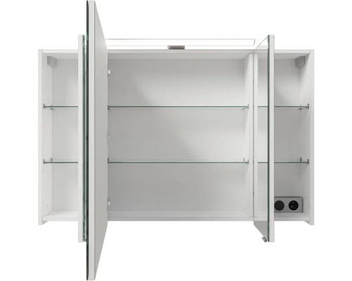 Otvorená zrkadlová skrinka so sklenenými policami a zásuvkami