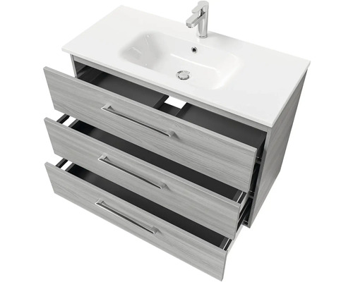 Skrinka pod umývadlo s tromi zásuvkami, umývadlom a vodovodnou batériou